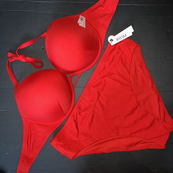 NWT Victoria's Secret 38DD BOMBSHELL BIKINI XXL MID RISE bottom RED ribbed - Picture 1 of 3